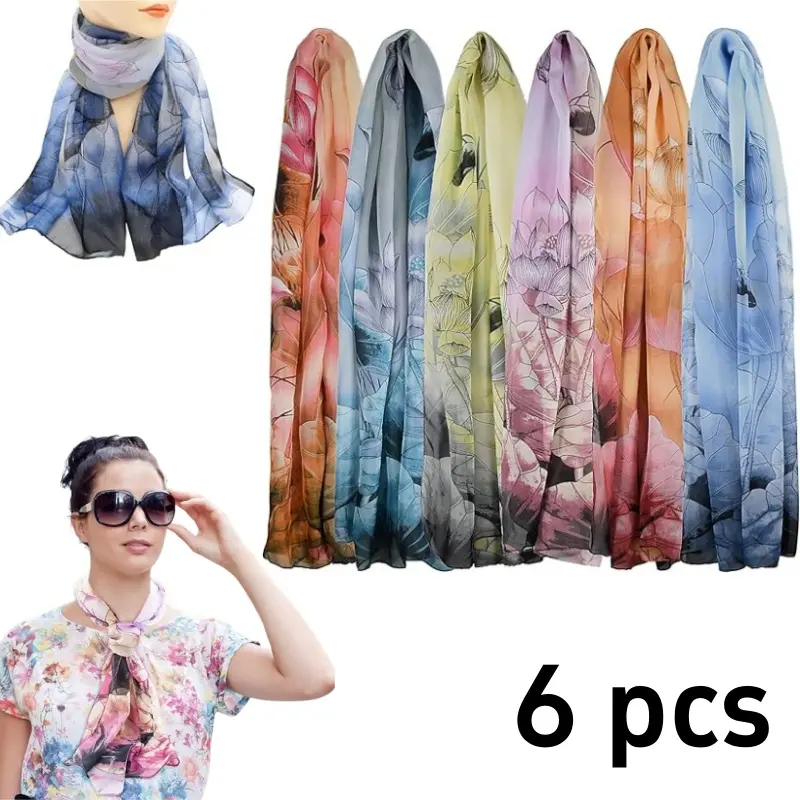 6 pcs women's lotus print chiffon scarf, lightweight, soft, transparent long shawl, suitable for daily use, vacation, walking, travel