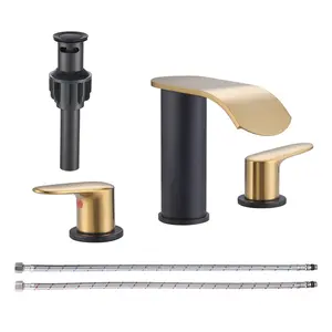 WOWOW Waterfall Bathroom Faucet 3 Holes 8Inch Widespread Bathroom Sink Faucet, Two Handles Lavatory Vanity Sink Faucets with Pop-up Drain & Supply Hoses, Modern Faucet Mixer Taps Black and Gold