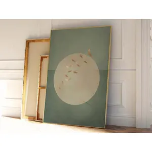 Green and Gold Wall Art, Flying Cranes, Sage Green Decor, Japanese Art, Sun, Abstract Art Print, Birds, Living Room Decor, Large, Japandi