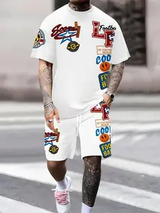 Men's Casual Minimalist Athleisure Street Fit Sportswear Set, Workout Sets, Sports Clothing Set, Short Sleeve T-Shirt & Shorts, Football Style Badge La Letter Print, Summer Two-Piece Set, Football Badges, Sporty Set