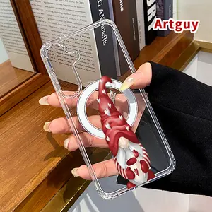 Magnetic Soft Phone Case for  Samsung Galaxy S23 Ultra S24 Plus FE S25 S22+ Red Hat Gnome Pattern Anti-Yellowing Shockproof ultra-thin Silicone Crystal Transparent Acrylic Large Hole Cover Supports Wireless Charging