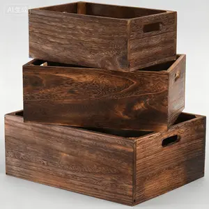 Set of 3 Natural Solid Wood Nesting Crates with Handles, Rustic Farmhouse Storage Baskets, Decorative Wooden Storage Containers for Home Organization, Reusable Stackable Handmade Wood Boxes