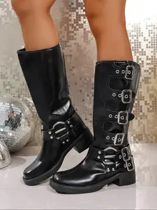 Classic fashion mid-calf boots, buckle straps, Punk boots, Vintage Soul Boots, stylish women's footwear, comfortable design, suitable for daily wear.