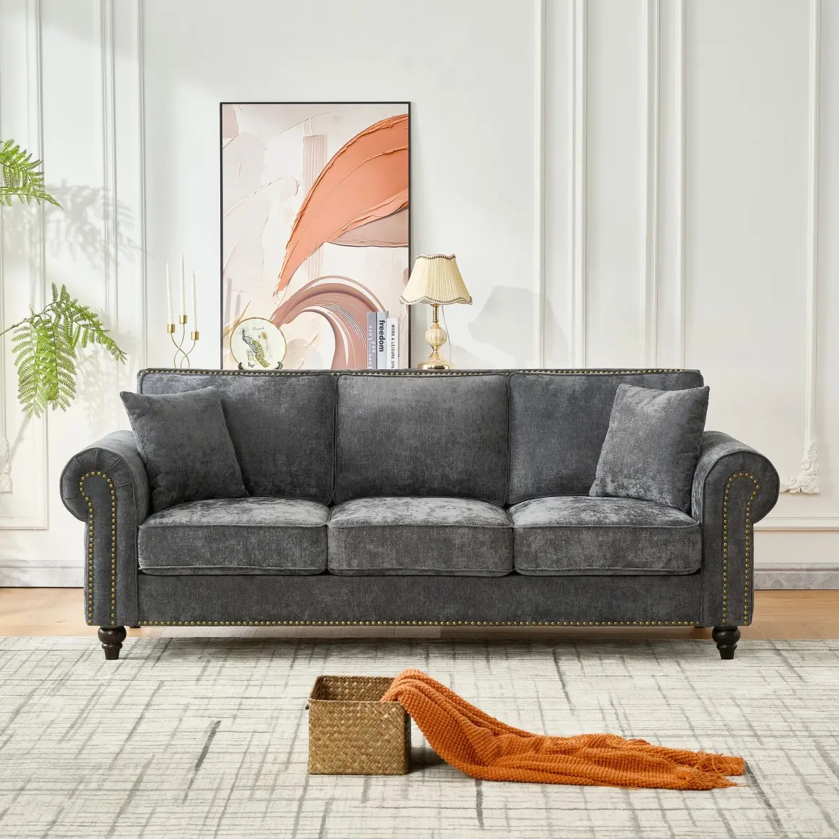 86 Inches Length Sturdy 3-Seat Comfy Couch - Modern Chenille Fabric Living Room Furniture with High-Density Foam Upholstery, Rolled Armrests, Wood Legs, Nailhead Trim for Apartments, Family Gatherings, Three Seats