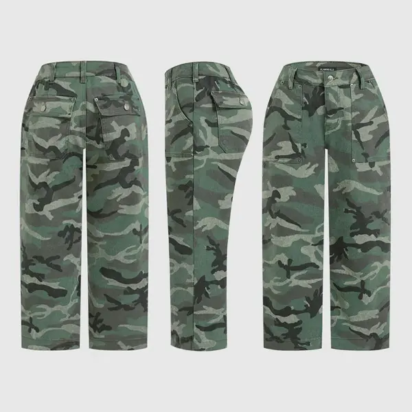 Flamingals Stretchy Camo Print Mid Waist Straight Leg Capri Pants Summer Vibes