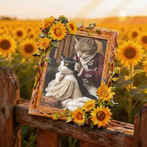 Vintage Oil Painting Cat Sunflower Frame Fridge Magnet, Couples Retro Interactive Decoration, Strong Adhesive No Trace, Perfect Gift