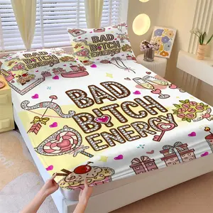 3-Piece Set Bad Bitch Energy Pattern Bedding Set, Includes 1 Fitted Sheet and 2 Pillowcases, Home Hotel Room Decor, Bedroom Decoration, Gift Choice