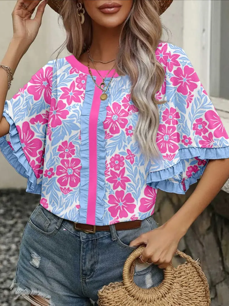 Women's Casual Floral Print Blouse, Chic Lightweight Viscose Top with Ruffled Half Sleeves and Color Block Trim, Half Sleeve, Breathable