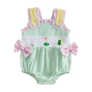 Infant Baby Girl Golf Striped Smocked Bubble Romper Newborn Ruffle Sleeveless Side Bow Onesie Bodysuit Outfit Summer Clothes