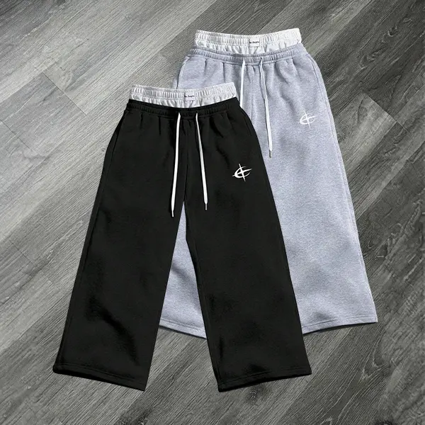 Men’s two-pack faux double-layer waist-print wide-leg sweatpants – relaxed-fit athletic long pants with a fluid drape, suitable for streetwear, daily commuting, casual outings, and outdoor sports