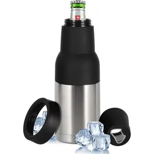 12oz Universal Beer Bottle Holder Double Walled SS Beer Bottle Cooler 3 in 1 Can Koozie with Beer Opener Vacuum Insulated - fit Fishing,Camping Outdoor Activities and Nice Gift for Men(Silver)