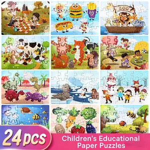 Cartoon Pattern 24-Piece Puzzle Art Puzzles Gift Animal World Underwater Vegetables Food Dinosaurs Characters Children Parent-Child Interactive Toy