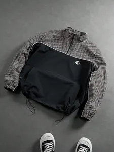 Men's Half-Zip Windbreaker Jacket, Geometric Pattern Loose-Fit Casual Coat, Retro Streetwear Outerwear with Side Pockets, All-Season Daily Wear