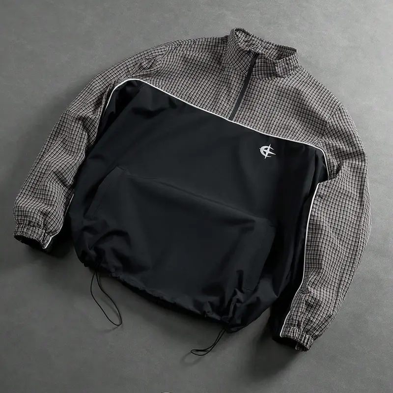 Men's Long Sleeve Half-Zip Windbreaker Jacket, Casual Outdoor Jacket, Geometric Pattern Loose-Fit Casual Coat, Retro Streetwear Outerwear with Side Pockets, All-Season Daily Wear, Casual Fashion Outerwear, Everyday Jackets, Casual Outdoor Outerwears