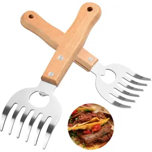 Stainless Steel Meat Shredder Claws with Long Wooden Handles for Pulled Pork, Turkey, Chicken - BBQ Tools for Shredding, Pulling, Handling, and Serving