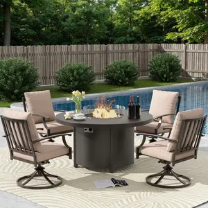 Kullavik 5-Piece Metal Outdoor Patio Furniture Set, 48-Inch 55000 BTU Round Fire Pit Dining Table, 4 Chairs with No-Slip Cushions and Waterproof Covers