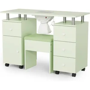 OmySalon Nail Desk and Chair Set, Manicure Table with Dust Collector, Arm Rest, 8 Wheels, Acetone Resistant Desktop, Drawers & Cabinet Storage for Makeup Beauty Salon