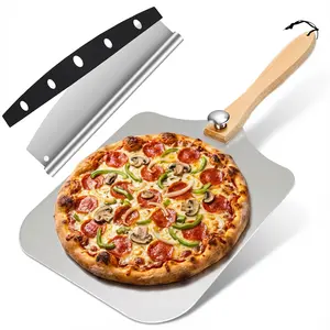 Pizza Peel Aluminum Pizza Spatula, 12 inch Metal Pizza Paddle(12"x 14")with Rocker Cutter Foldable Wood Handle for Family Pizza Oven Baking Pizza, Dough, Bread & Pastry