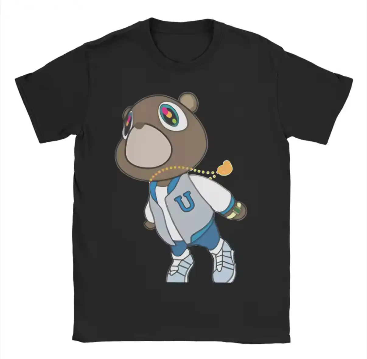 Women's 100% Cotton Crew Neck Short Sleeve Basic Tee - Black, Retro Hip Hop Dropout Bear, Psychedelic Eyes, U Letter, Varsity Jacket Sneaker Gold Chain Heart Cartoon Print, Soft Breathable Streetwear, Machine Washable, Human-Focused Top, Hip Hop Style, Sh