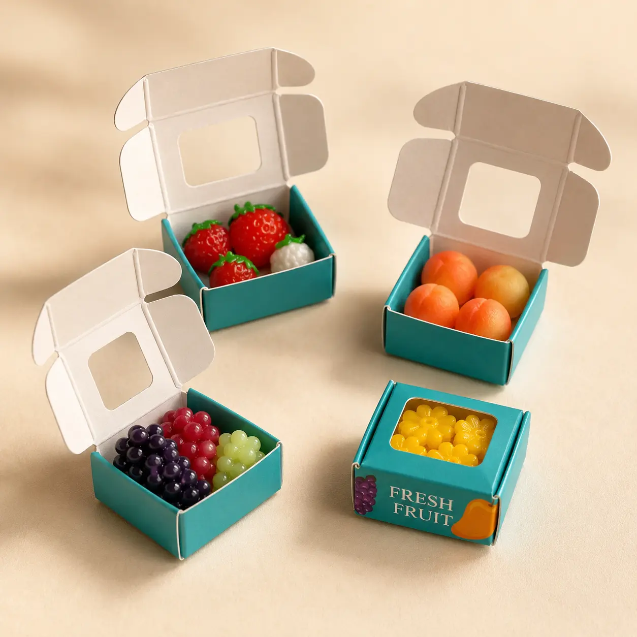 4-Pack Mini Squishy 20 pcs Produce Gift Boxes, 1:12 Scale Soft Mini Fruit & Corn Display Set, Tiny Desk Decor for Shelf Styling, Miniature Scenes and Collectible Display