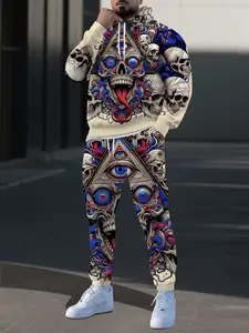 Men's Cool Skull Pattern Full-Print Sports Set, Gradient Long Sleeve Hoodie + Casual Pants 2 Piece Set, All Seasons Fitted Style