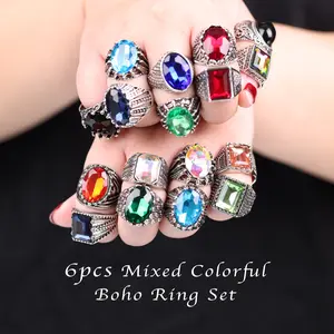 6pcs Large Ring Set Boho Vintage Geometric Glass Fashion for Women Men Mixed Color Shape Design Party Gift