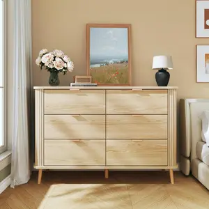 Fluted 6 Drawers Dresser for Bedroom, Mid Century Modern Closet Dresser & Chests of Drawers, Curved Profile Design, Dresser TV Stand, Wood Storage Dresser for Living Room, Entryway, Hallway, Oak