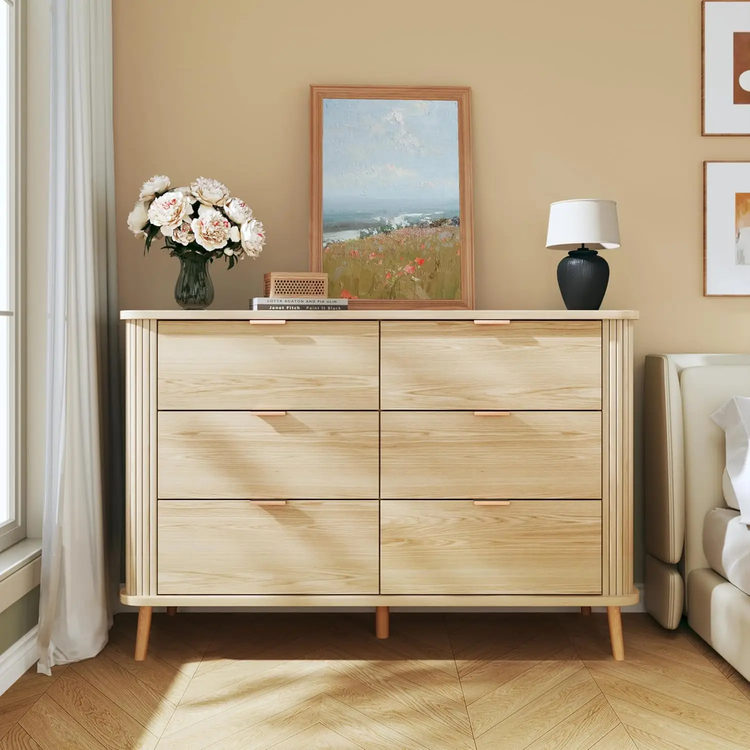 Fluted 6 Drawers Dresser for Bedroom, Mid Century Modern Closet Dresser & Chests of Drawers, Curved Profile Design, Dresser TV Stand, Wood Storage Dre