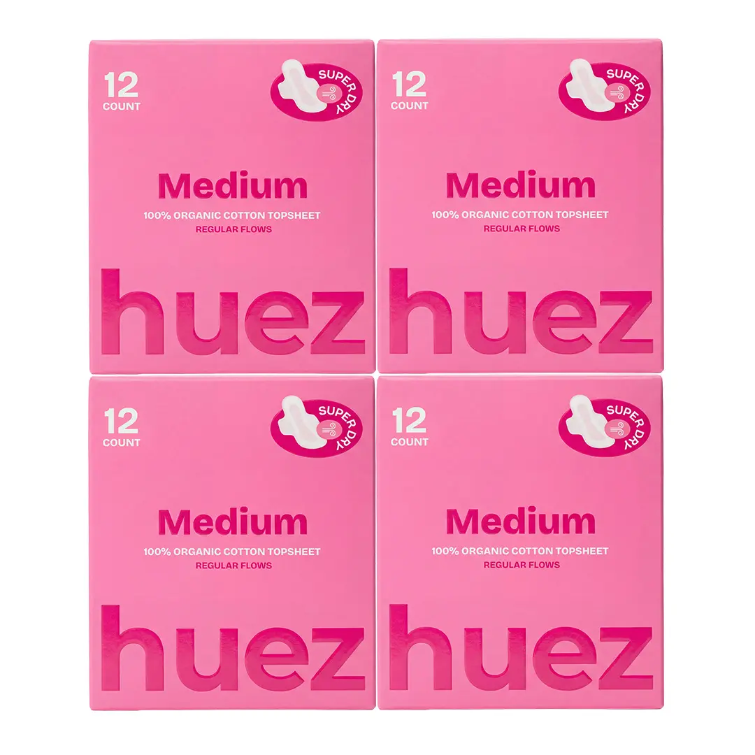 huez 100% Organic Cotton top sheet Sanitary Pads - Medium (48 Count, 4 packs) - 9.4 inch