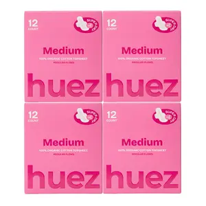 huez 100% Organic Cotton top sheet Sanitary Pads - Medium (48 Count, 4 packs) - 9.4 inch