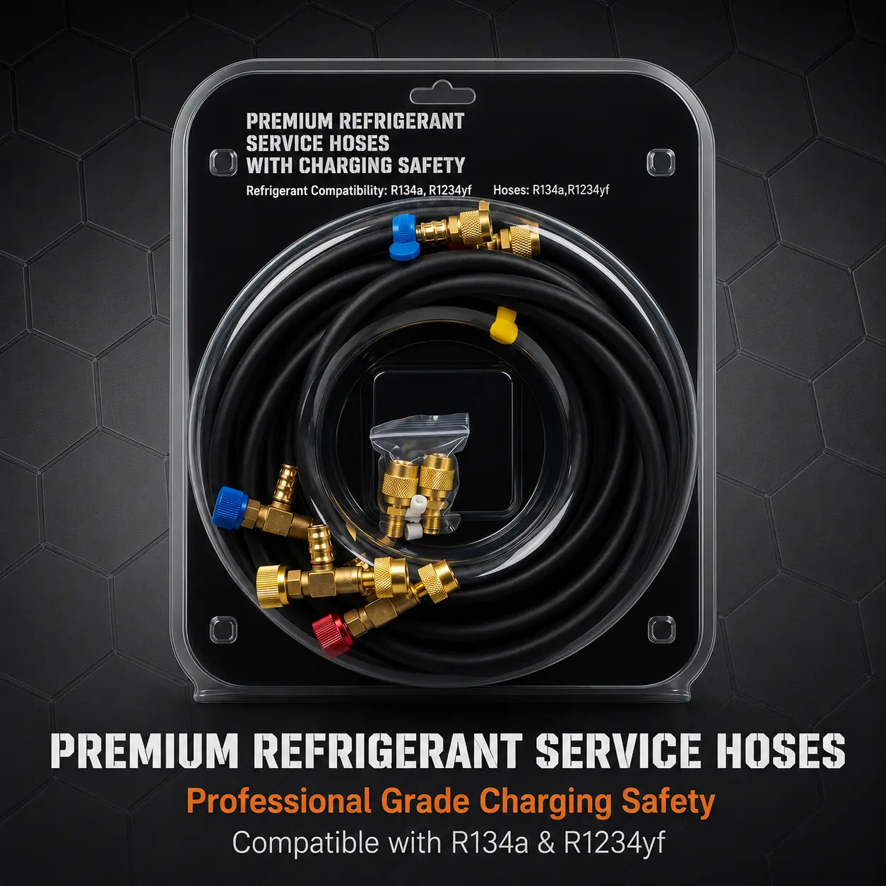 Newly Upgraded 60-in 1/4 inch Premium Charging Hose Kit with T-Shaped Safe Valve, 5/16-in SAE Female & 1/4-in SAE Male Connectors, Pressure Relief Groove, Heavy-Duty Brass Fittings for R134a, R410a, R1234yf, CFC, H/CFC, HFC, HFO