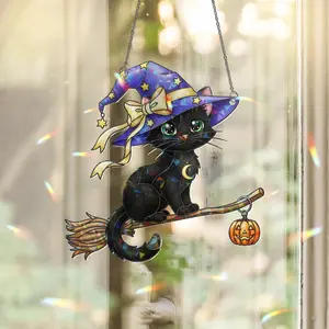 [NEW] Black Cat Witch Suncatcher – Cute Halloween Window Hanging with Broom & Pumpkin