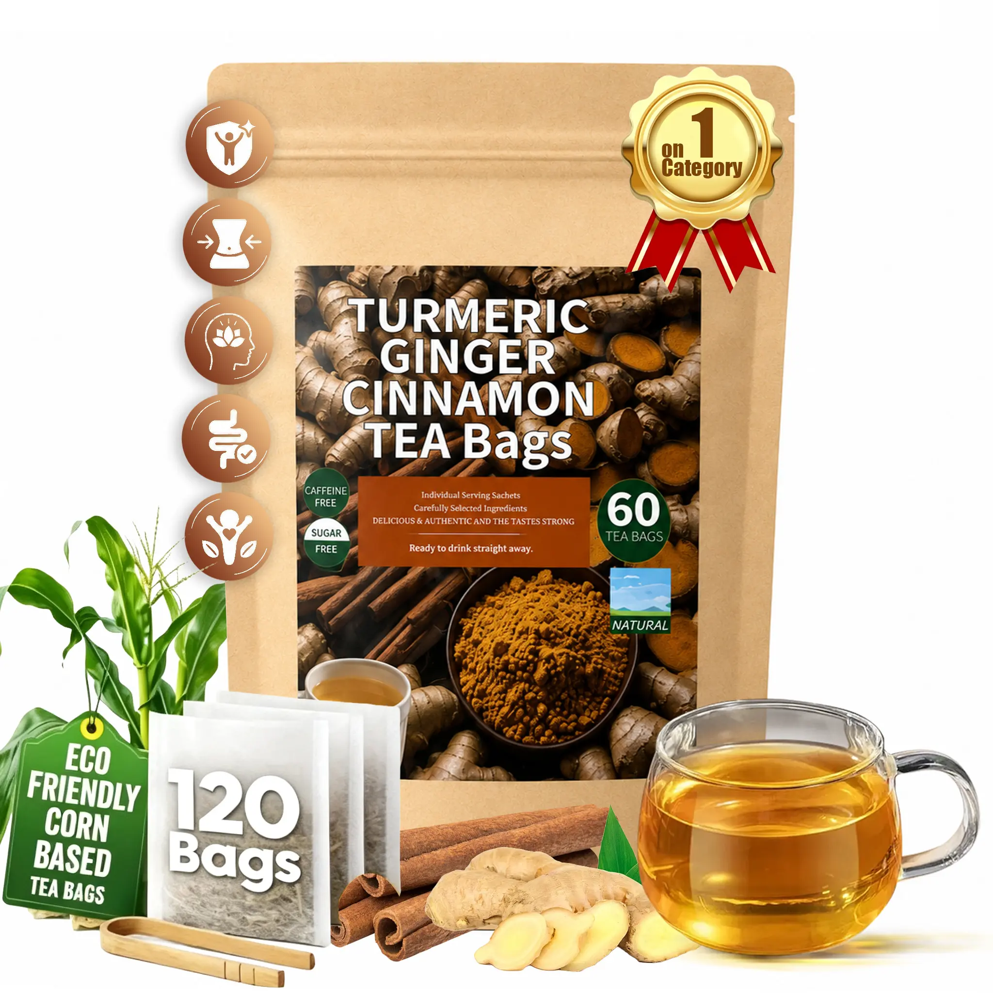 Turmeric Ginger Cinnamon Tea, 100% Natural, Anti-Inflammatea. Eco-conscious Tea Bags. No Sugar, No Caffeine, No Gluten, Vegan. antiinflamma tea, looseleaf tea Beverage anti in flama tea ginger caffeine free Healthy Drink