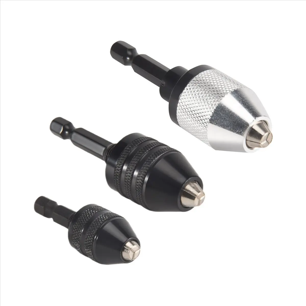 3PCS 1/4-Inch Hex Shank Keyless Drill Chuck Quick Change Adapter Converter - Durable Hexadecimal Drive Accessory for Impact Drills, Cordless Power Screwdrivers (Black & Silver), Most Drills