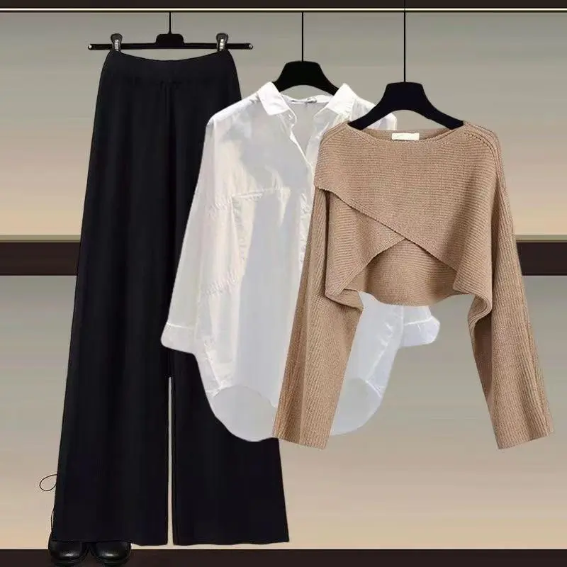 Knitted sweater shirt wide leg pants three-piece autumn and winter suit women's 2025 new plus size women's fashion slim2025Gift Knitted sweater shirt wide leg pants three-piece autumn and winter suit women's 2025 new plus size women's fashion slim2025Gift