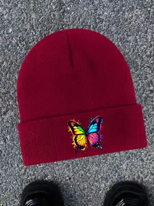 Butterfly Print Unisex Knit Beanie, Fall & Winter Warm Windproof Hat, Large Elasticity, Outdoor Sports Casual Cap