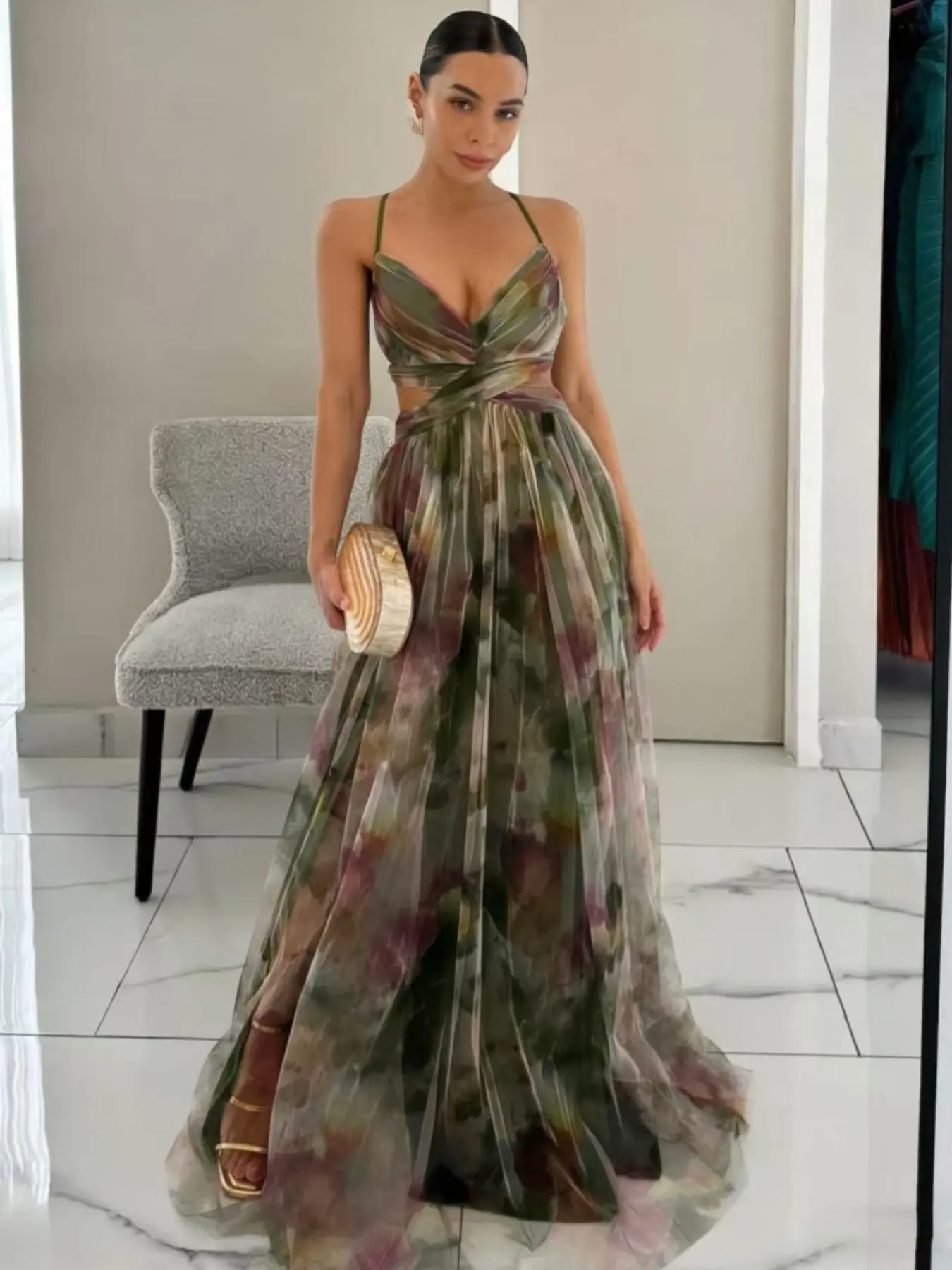 Women's Summer Fashion Elegance Aesthetic Sexy Floral Dress, Elegant Sleeveless V Neck Back Tie Long Dress, Comfortable Soft Fabric, Perfect for Formal Wedding Guest Parties Weddings Formal Wear