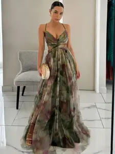 Women's Summer Fashion Elegance Aesthetic Sexy Dress, Elegant Sleeveless V Neck Back Tie Long Dress, Comfortable Soft Fabric, Perfect for Formal Wedding Guest Parties Weddings Formal Wear