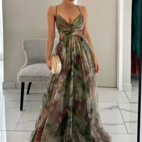 Women's Summer Fashion Chic Elegance Aesthetic Sexy Floral Dress, Elegant Sleeveless V Neck Back Tie Long Dress, Comfortable Soft Fabric, Perfect for Formal Wedding Guest Parties Weddings Formal Wear, Summer Wedding Guest Dresses