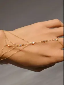 Dainty Hand Chain Bracelet, Minimalist Design Crystal Finger Ring, Elegant Hand Jewelry for Women, Trendy Spring Summer Accessory, Stackable Bracelet, Alloy Material