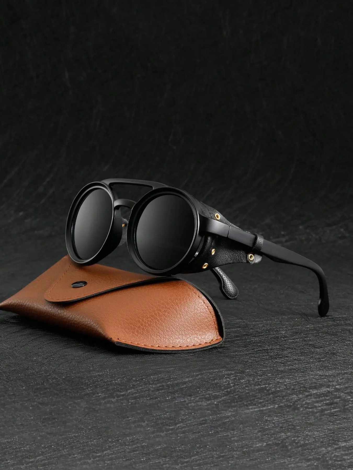 Unisex Vintage Steam Punk Sunglasses with Leather Side Protection, Ideal for Cycling & Outdoor Activities, Summer Beach Vacation Essentials, Stylish Glasses, Stylish Shades