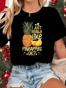 100% cotton women Pineapple Fruit Plant Juice Funny Hawaiian Quotes T-Shirt Print Round Neck Short Sleeve Streetwear Fashion Breathable Soft Unisex Designer Clothes For Women Casual Clothes