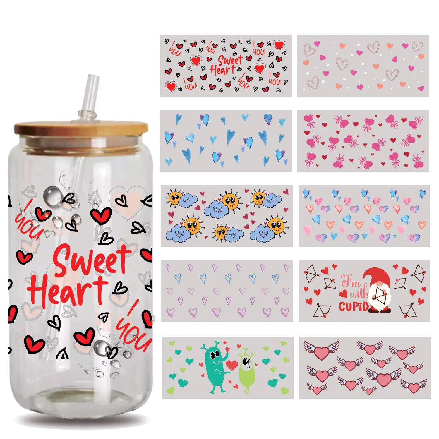 10 Sheets UV DTF Cup Wrap -  Valentine's Day UV DTF Cup Wraps for 16 oz UV DTF decals Waterproof Stickers for Glass/ceramics/Cups DIY Wood Crafts
