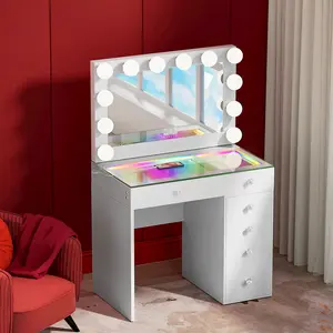 VANITII GLOBAL Makeup vanities With Bluetooth Mirrors RGB Lights 6 Drawers USB & Type-C Charging Station Bedroom Furniture Table Home