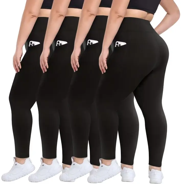 Women's 4-Pack High-Waisted Polyester High-Stretch Leggings with Pockets - Lightweight Athletic Plus-Size Wear for Yoga, Gym Workouts, All Seasons