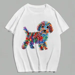 Colorful Doodle Dog Graphic Tee Cute Pet Lover Shirt Aesthetic Puppy Sketch Unisex Casual Wear Gift for Dog Owners