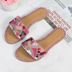 Women's Fancy Slide Flat Sandals Beads Sequins Sparkly Glitter Rhinestones Decor Slip-on Open Toe Footwear Comfortable Breathable Girl Fashion Summer Casual Dress Shoes for Vacation Beach Daily Wear
