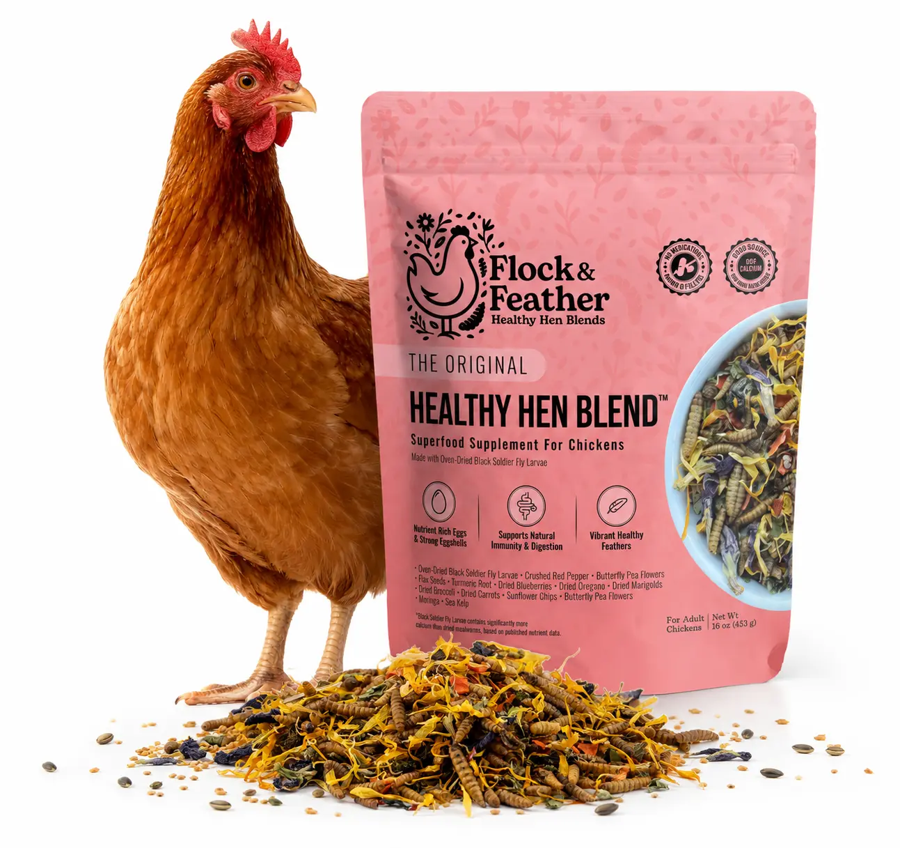 Flock & Feather Healthy Hen Blend Bird Treats & Feed Topper - 1 lb, with Black Soldier Fly Larvae, Turmeric, Sea Kelp, Flaxseed for Backyard Laying Hens' Egg Production & Feather Health