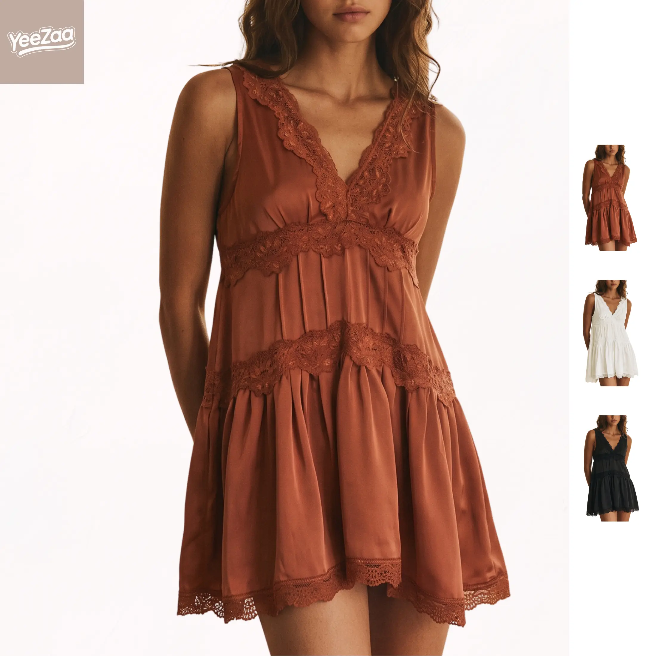 YeeZaa Women's Groove Mini Slip Dress Lace Deep V-Neck Mini Dress Sexy Y2k Ruffle Hem Flowy Swing Boho Short Dresses