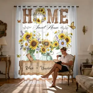 Farmhouse SunflowerWindow Curtains 55W X 63L Inches 2 Panels Grommet Country Retro Vintage Home Sweet Rustic Elegant Light Filtering Drapes ,Semi-Transparent Sunshade for Living Room Bedroom Home Decor ﻿
